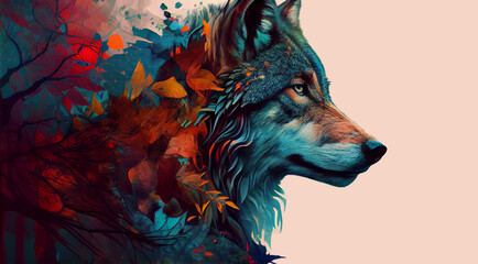 A digital painting of a wolf with colorful leaves, digital art - obrazy, fototapety, plakaty