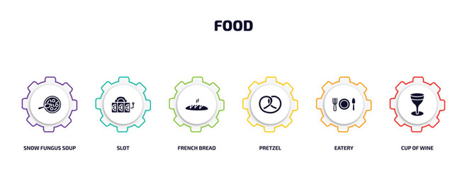 food infographic element with filled icons and 6 step or option. food icons such as snow fungus soup, slot, french bread, pretzel, eatery, cup of wine vector.