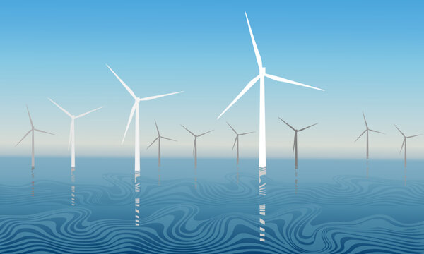Offshore wind turbines. Concept of obtaining clean electric energy from renewable sources. Vector illustration.