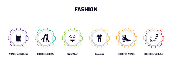 fashion infographic element with filled icons and 6 step or option. fashion icons such as women sleeveless shirt, high heel boots, swimwear, pajamas, boot for women, high heel sandals vector.