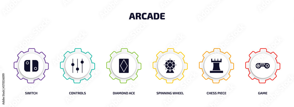 Aufkleber arcade infographic element with filled icons and 6 step or option. arcade icons such as switch, cont