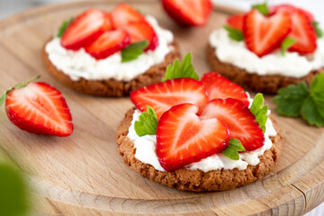 Strawberry tart with whipped cream and fresh berry. Recipe of fast berry cake for breakfast or holiday. Summer dessert.