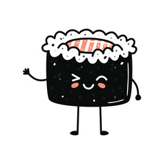 Kawaii sushi mascot in cartoon style. Cute maki with salmon for menu