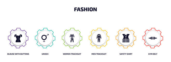 fashion infographic element with filled icons and 6 step or option. fashion icons such as blouse with buttons, unisex, women tracksuit, men tracksuit, safety shirt, gym belt vector.