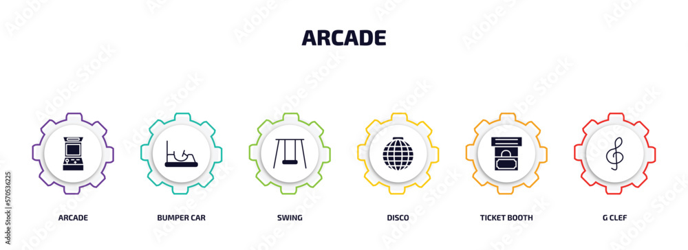 Poster arcade infographic element with filled icons and 6 step or option. arcade icons such as arcade, bump