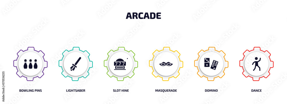 Poster arcade infographic element with filled icons and 6 step or option. arcade icons such as bowling pins