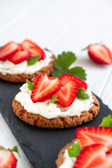 Strawberry tart with whipped cream and fresh berry. Recipe of fast berry cake for breakfast or holiday. Summer dessert.