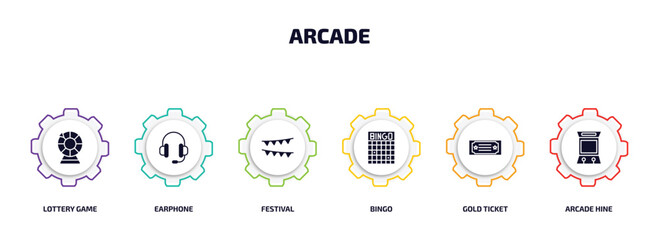 arcade infographic element with filled icons and 6 step or option. arcade icons such as lottery game, earphone, festival, bingo, gold ticket, arcade hine vector.