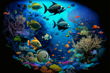 Fototapeta na wymiar Admire this heavenly view of a clear turquoise ocean, filled with exotic fish in shimmering colors bathed by the sun's rays. Generative AI