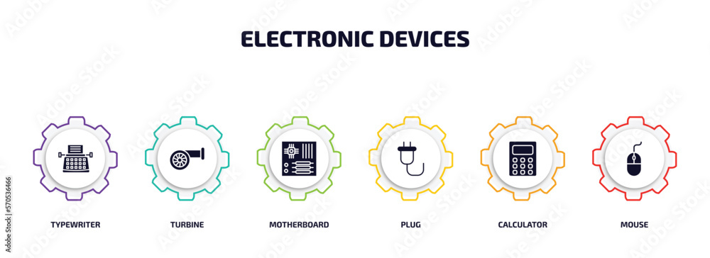 Poster electronic devices infographic element with filled icons and 6 step or option. electronic devices ic