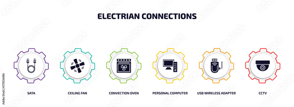 Poster electrian connections infographic element with filled icons and 6 step or option. electrian connecti