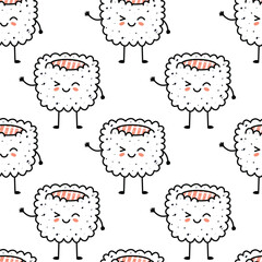 Naklejka premium Kawaii sushi illustration. Vector flat hand drawn seamless pattern