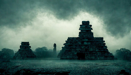 Mysterious, foggy landscape of unidentified Mayan buildings and shrines. Heavy atmosphere with lots of mysticism and history. Perfect location for creating a sense of awe and dread. Generative AI