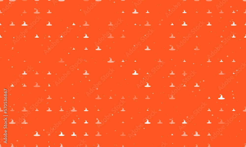 Poster seamless background pattern of evenly spaced white witch hat symbols of different sizes and opacity.