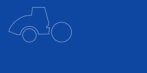A large white outline road roller symbol on the left. Designed as thin white lines. Vector illustration on blue background