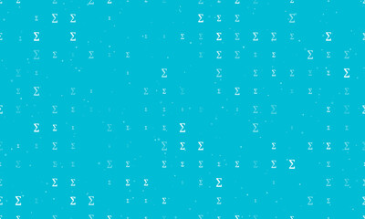 Naklejka na ściany i meble Seamless background pattern of evenly spaced white sigma symbols of different sizes and opacity. Vector illustration on cyan background with stars