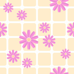 Seamless floral pattern. Pink Flowers On Yellow Squares.
