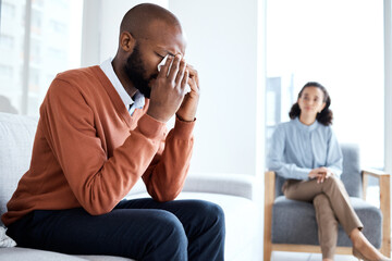 Crying, depression and black man for psychologist help, support and services of patient mental health. Counseling, psychology and USA therapy, therapist woman consulting client depressed, sad or fear