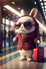 Naklejka na ściany i meble rabbit that is standing next to a suitcase. generative ai.