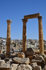 Sunny temples, arches, the Nymphaeum, stone ornaments, columns and column bases on the ruins of the...