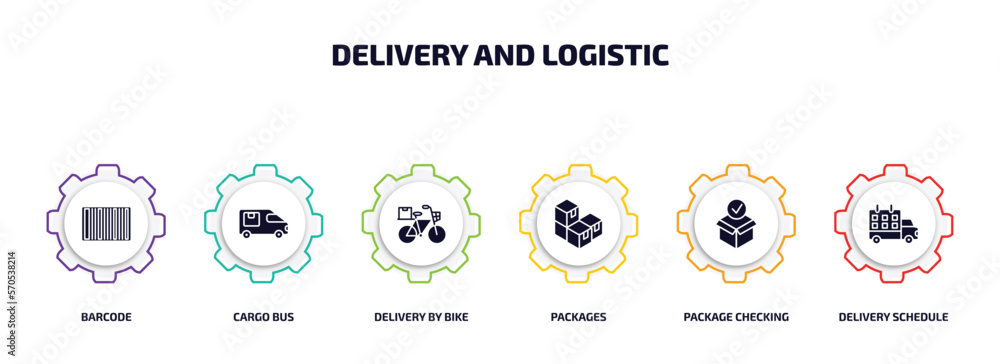 Poster delivery and logistic infographic element with filled icons and 6 step or option. delivery and logis