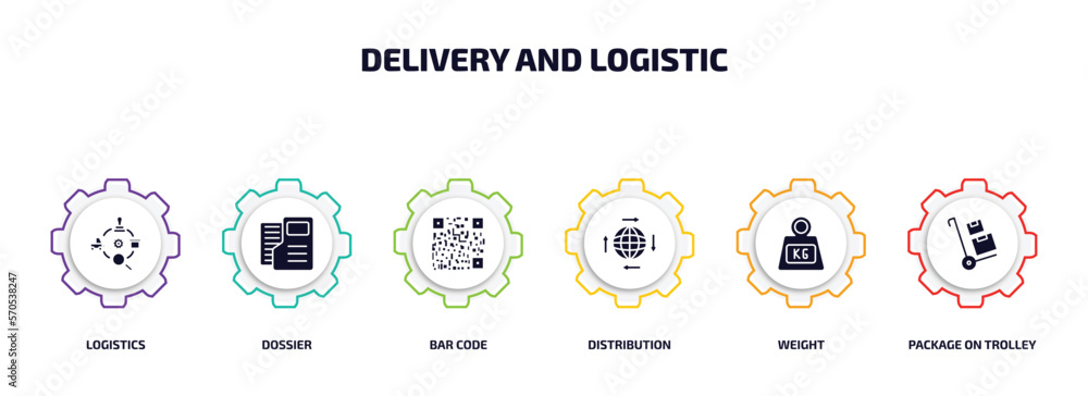 Poster delivery and logistic infographic element with filled icons and 6 step or option. delivery and logis