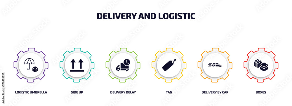 Poster delivery and logistic infographic element with filled icons and 6 step or option. delivery and logis