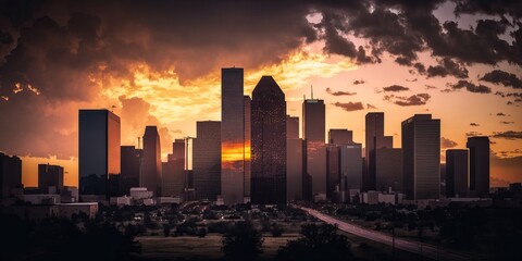 Fototapeta na wymiar skyline by sunset, generative ai
