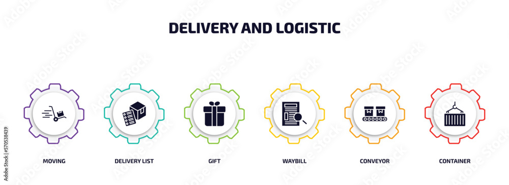 Poster delivery and logistic infographic element with filled icons and 6 step or option. delivery and logis