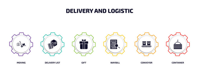 delivery and logistic infographic element with filled icons and 6 step or option. delivery and logistic icons such as moving, delivery list, gift, waybill, conveyor, container vector.