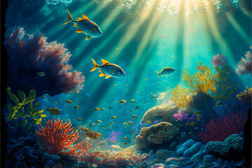 Fototapeta na wymiar A serene view of the turquoise sea and the sun's rays that illuminate and reveal a panorama of exotic multicolored fish moving between the reflections. Generative AI