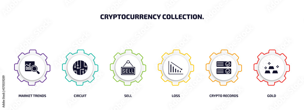 Poster cryptocurrency collection. infographic element with filled icons and 6 step or option. cryptocurrenc