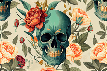 skull and flowers watercolor pattern