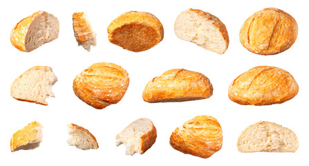 Classic white wheat bread isolated on white background. With clipping path. Cut out bread for advertising, design. Crispy fresh bread, healthy organic food, traditional pastries, bakery