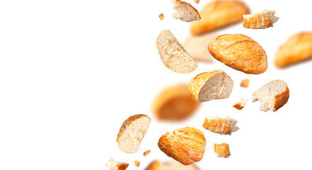 Classic white wheat bread flying on white background. With clipping path. Cut out Round whole and...