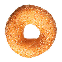 Fresh round wheat bagel with sesame seeds isolated on white background. With clipping path. Cut out...