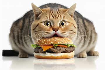 Fat cat with a hamburger, obesity concept. ia generate - obrazy, fototapety, plakaty