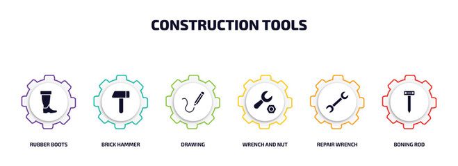 construction tools infographic element with filled icons and 6 step or option. construction tools icons such as rubber boots, brick hammer, drawing, wrench and nut, repair wrench, boning rod vector.