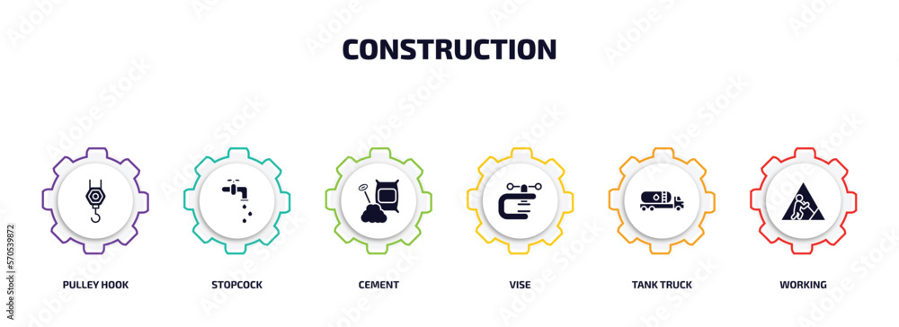 Poster construction infographic element with filled icons and 6 step or option. construction icons such as 