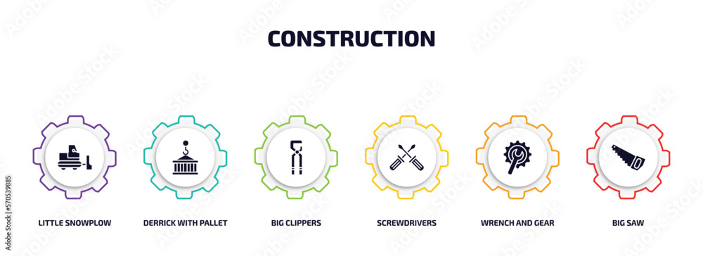 Poster construction infographic element with filled icons and 6 step or option. construction icons such as 