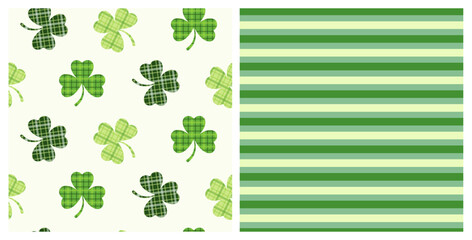St. Patrick's Day set of two seamless decorative pattern of Irish tartan clover leaves and green stripes. Hand drawn design for St. Paddy day celebration, party decoration, scrapbooking, textile. 