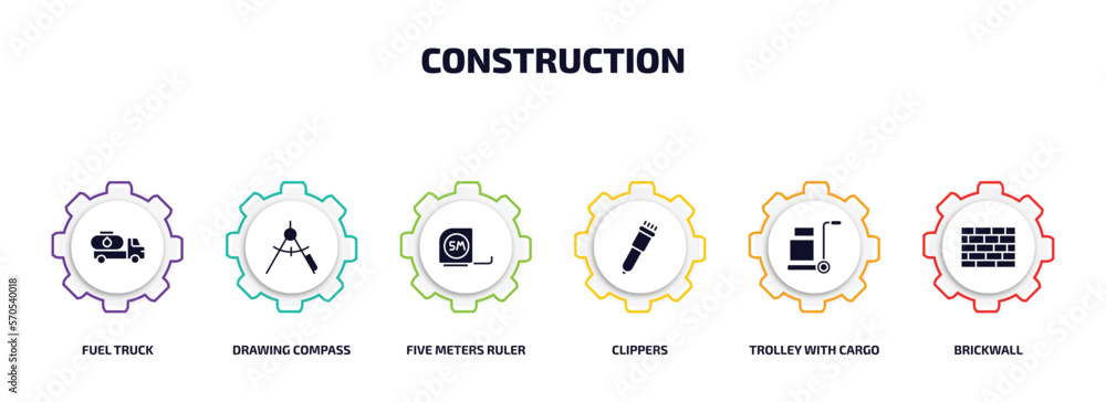 Poster construction infographic element with filled icons and 6 step or option. construction icons such as 