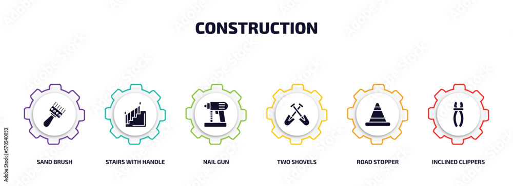 Poster construction infographic element with filled icons and 6 step or option. construction icons such as 