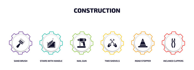 construction infographic element with filled icons and 6 step or option. construction icons such as sand brush, stairs with handle, nail gun, two shovels, road stopper, inclined clippers vector.