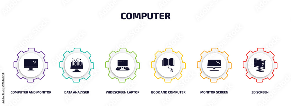 Poster computer infographic element with filled icons and 6 step or option. computer icons such as computer