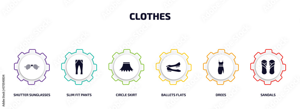 Poster clothes infographic element with filled icons and 6 step or option. clothes icons such as shutter su