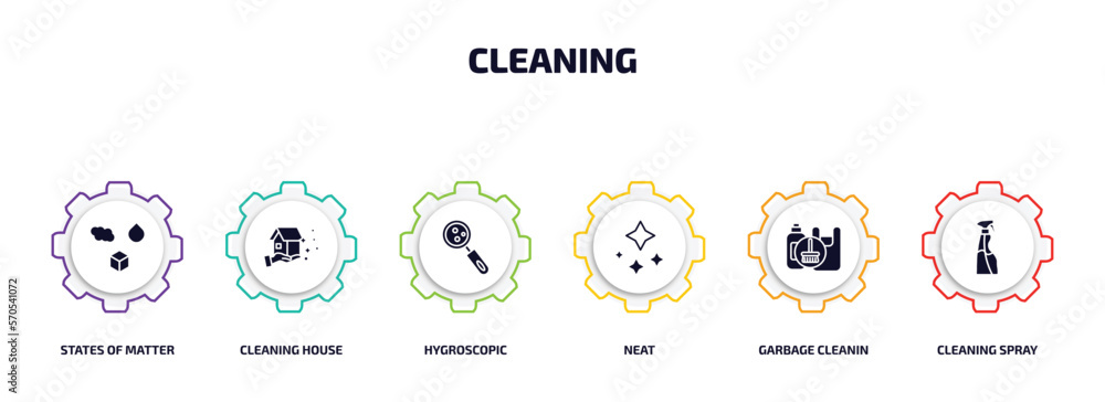Poster cleaning infographic element with filled icons and 6 step or option. cleaning icons such as states o
