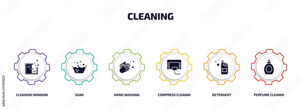 Poster cleaning infographic element with filled icons and 6 step or option. cleaning icons such as cleaning