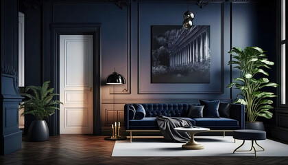 Minimalist modern navy style interior design idea. Generative AI
