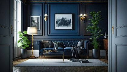 Fototapeta premium Minimalist modern navy style interior design idea. Generative AI